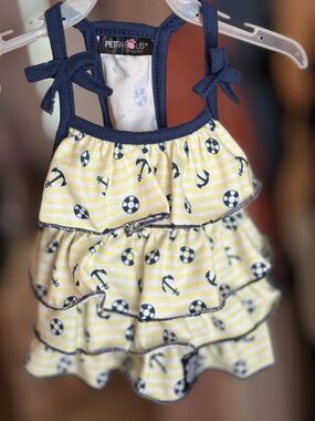 NWT Petrageous  Dog Summer Nautical Sundress Yellow Navy Blue Ruffled w Anchors